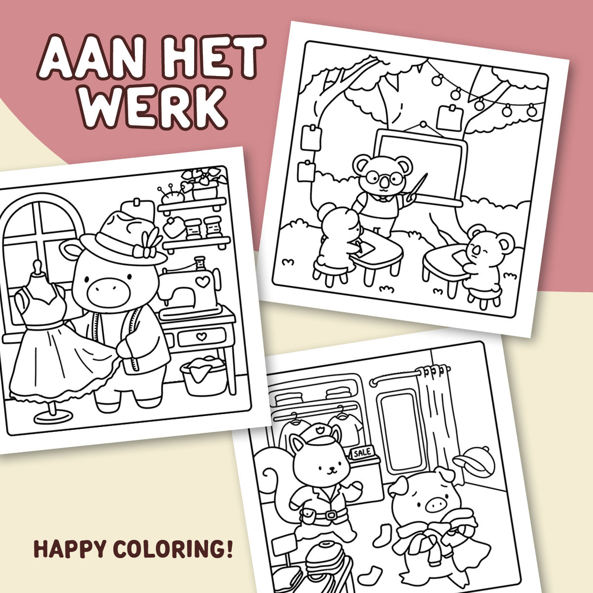Kleurboek: Aan het werk - 40 cute & cozy beroepenbeestjes om in te kleuren